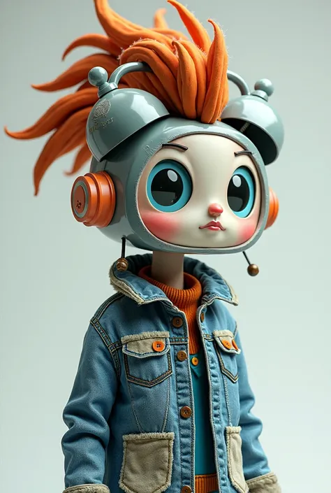 An alarm clock with hairstyle crest and denim jacket 