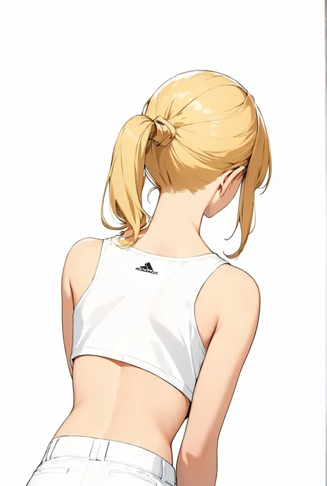  blonde ponytail、 logo、white background、 white shorts、back of head