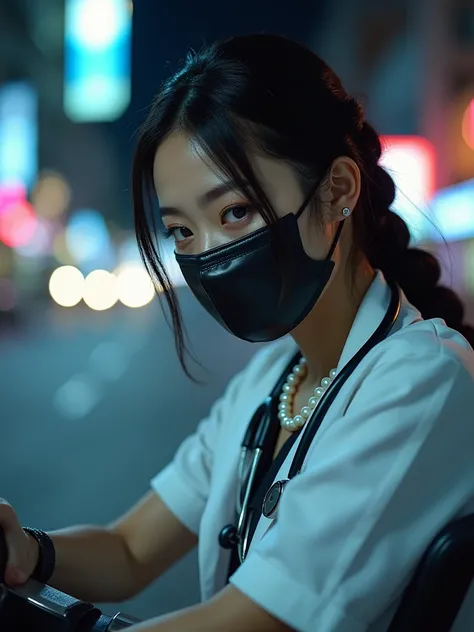 Night view closeup street photo of Highly realistic Sexy bright light Korean dentist girl with black long single braided hair,wearing shiny skin face makeup, wearing black shiny leather gloves , wearing black tied waist black shiny black leather tied ribbo...