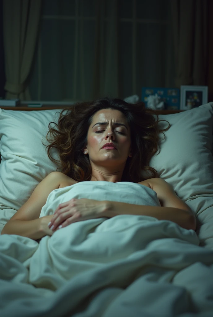 A woman with the face of Sylvester Stallone has a cold in bed.