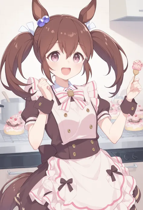 very awa, masterpiece, best quality, newest,  highres, absurdres、Hishi Akebono、Hishi Akebono　Uma Musume、 1 、 shiny dark brown hair、 Twin Tails、 is opening her mouth、smile、Costumes with various sweets printed on them、 kitchen、 fun vibe 