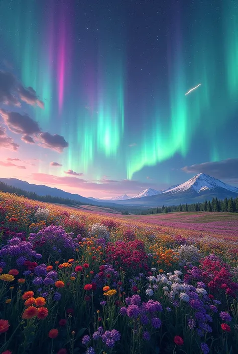 Field of flowers at a aurora night sky