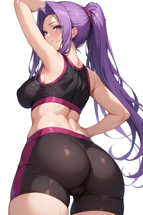 nsfw, 1woman, standing, armpit, simple background, Medusa (rider) (Fate), purple eyes, ponytail, medium breast, sports bra, bike shorts, smile, closed mouth, looking viewer, blush, sweating, pussy, camel toe, from behind, ass, hip, 