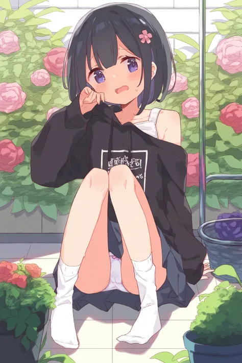  young girl,,   black hair, erotic,nsfw, small, young, young girl体型, ,outside,,  oversized,  big black hoodie , Moe sleeve ,  embarrassing,garden,  small,,  embarrassing,,  is standing,  embarrassing,,sweat,sweat,  Shoulders sticking out ,Expose one should...