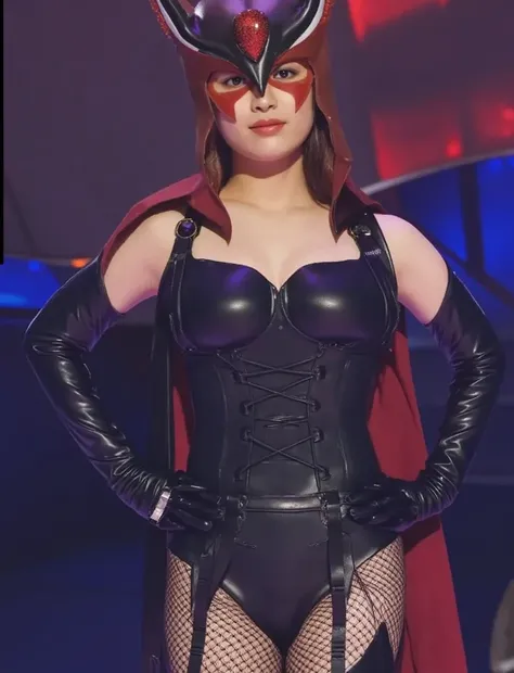 ドロンジョ様 by ヤッターマン, Black latex bondage outfit, sexy high leg outfit, red eye mask, red cape, huge breasts, cleavage, erect nipples, slender body, (abs), curvy body, bare buttocks, beautiful thighs, thin thighs, Garter, Black fishnet stockings, hands on own ...