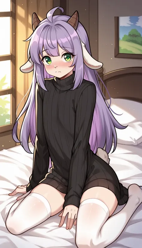 femboy, masterpiece, best quality, doremifaso64, adult баран,  best quality  , lamb ears ,  lamb horns ,  very detailed illustration (Anthropomorphic guy:1,7)  light skin ,  purple hair , green eyes,  long hair,  straight hair , (19 years old), hips, One, ...