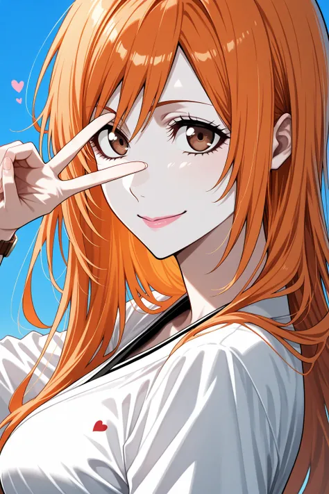 masterpiece,  best quality,  great quality,  very aesthetic,   is ridiculous, up to date, scenery, high definition , high resolution, Closeup Portrait ,woman,woman,Orihime Inoue, bleach, orange hair, long hair, brown eyes, white skin,  Shiny Texture  , pin...