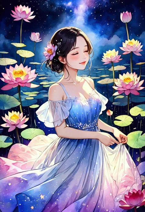  intense watercolor、Water Lily、 girl 、 beautiful face、 Close Your Eyes and Smile、 starry sky 、fog、white see-through luminous dress、 vivid color、 beautiful illustration art、