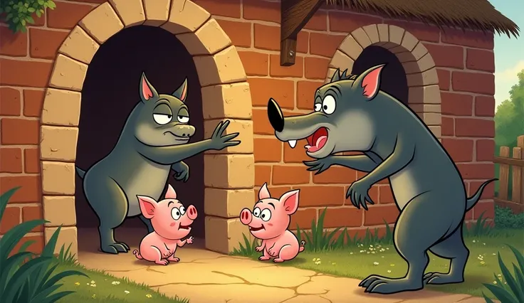 Little pigs, little pigs, let me come in!" he howled, banging on the door.

"Not by the hairs of our chinny chin chins!" the pigs shouted together.

"Then I'll huff, and I'll puff, and I'll blow your house down!"

The wolf huffed and puffed with all his mi...