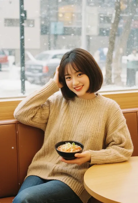 realistic photograph,portrait of japanese woman sitting in ramen restaurant,short bob hair,eyeliner,eyeshadows,blush,burgundy lips,beige sweater,jeans,holding ramen bowl on table,looking at viewer,laughing,Snow is falling outside the window.