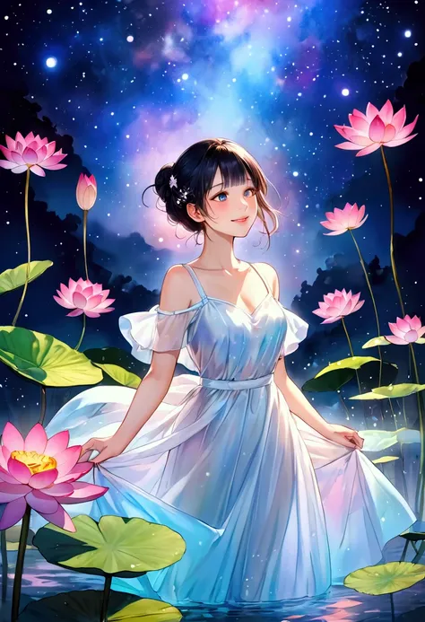  intense watercolor、Water Lily、 girl 、 beautiful face、 Close Your Eyes and Smile、 starry sky 、fog、white see-through luminous dress、 vivid color、 beautiful illustration art、