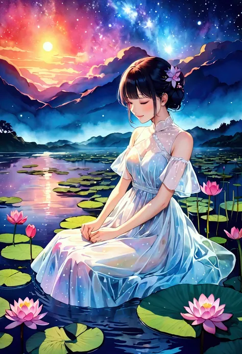  intense watercolor、Water Lily、 girl 、 beautiful face、 Close Your Eyes and Smile、 starry sky 、fog、white see-through luminous dress、 vivid color、 beautiful illustration art、