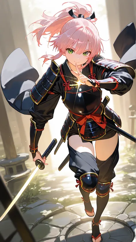 pink hair, ponytail, green eyes, samurai armor ,sparkling, masterpiece, high quality, great quality, high resolution, perfect lighting, very high resolution, full body view score 9, score 8 or higher, score 7 or higher, anime is the original, hourglass fig...