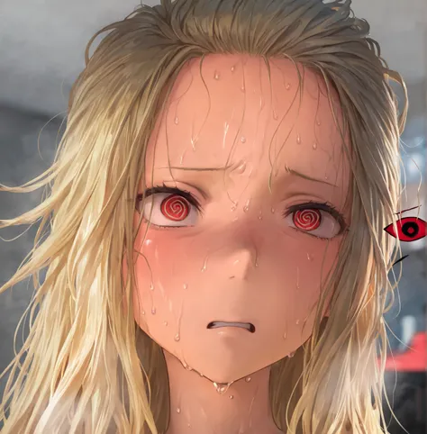 (girl, solo, blonde hair, long hair, wild hair, red eyes, expressive eyes, spiral eyes), ( perfect face), sweaty, (Highly detailed, Absurdres, Anatomically correct, Best quality)