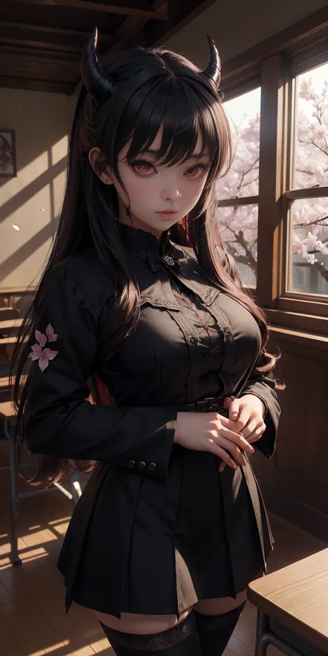 Are you okay、(best illustrations, perfect illustration)、8k UHD resolution、intricate details、最high quality、realistic、super detailed、best lighting、best shadow、soft lighting、ultra hd、demon slayer 、 school classroom 、 cherry blossoms blowing in the wind 、 necr...