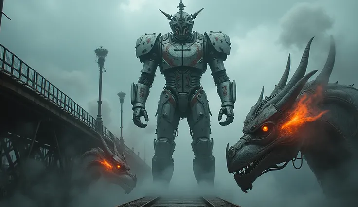 "A large, imposing figure stands on a suspended bridge, its metallic body partially integrated with robotic elements. The figure’s face is obscured by a detailed, steampunk-inspired helmet, adorned with intricate gears and pipes. Its mechanical arms and le...