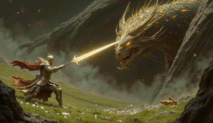 A beautiful heroine in silver armor wielding a halberd, attacking a dark-skinned dragon with glowing eyes on a spring grassy terrain.