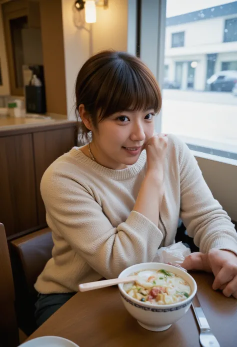 realistic photograph,portrait of japanese woman sitting in ramen restaurant,short bob hair,eyeliner,eyeshadows,blush,burgundy lips,beige sweater,jeans,holding ramen bowl on table,looking at viewer,laughing,Snow is falling outside the window.