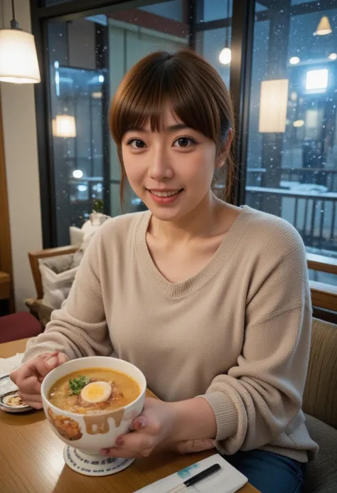 realistic photograph,portrait of japanese woman sitting in ramen restaurant,short bob hair,eyeliner,eyeshadows,blush,burgundy lips,beige sweater,jeans,holding ramen bowl on table,looking at viewer,laughing,Snow is falling outside the window.