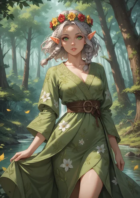 solo female, elf, adult, pointed ears, hazel colored skin, silver colored hair, medium hair, braided hair, emerald eyes, druid, nymph, twigs in air, floral dress, leaves in robe, nature, standing in forest, fantasy, masterpiece, highest quality, flower cro...