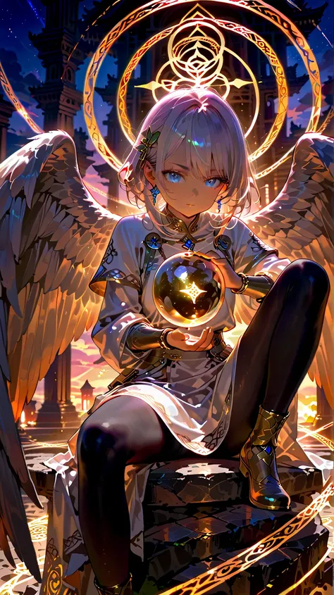 Dark-skinned female figure, young adult, with short white hair, sitting on a rock,  wearing a white and dark gray,  long-sleeved, tailored,  flowing,  dress-like outfit.  Detailed, ornate gold embellishments and accents on the outfit.  Large,  blue eyes,  ...