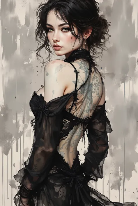 fusion of watercolors and oil paintings, mix of monochrome and color, black ink. Closeup portrait of a beautiful sexy woman with an elegant pose, athletic tattoed body, busty, wearing a flowy, most revealing, long-sleeved transparent black lace backless go...