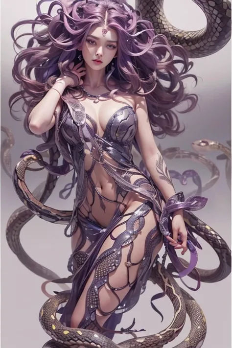 (Medusa), (Beautiful Tragic Queen), (Beautiful hair turns into a poisonous snakes), Whole body, (simple background)、(plain background)、(best quality , Masterpiece, high resolution)、