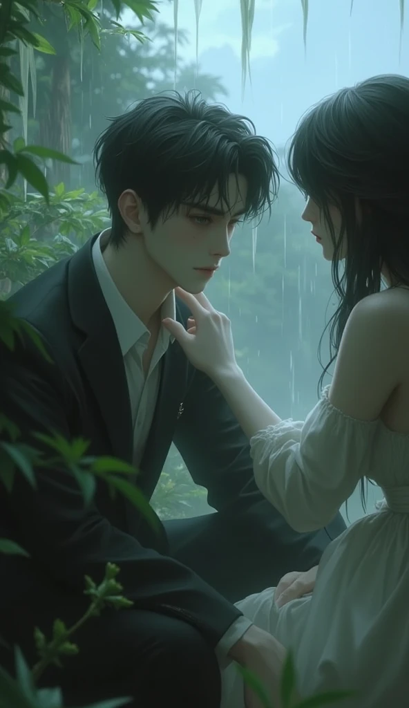 young man, a genius-looking guy , sitting pensively in the garden, I was crying under the rain., romantic shades , foggy,  in front of him is a beautiful woman crouching out her hand.