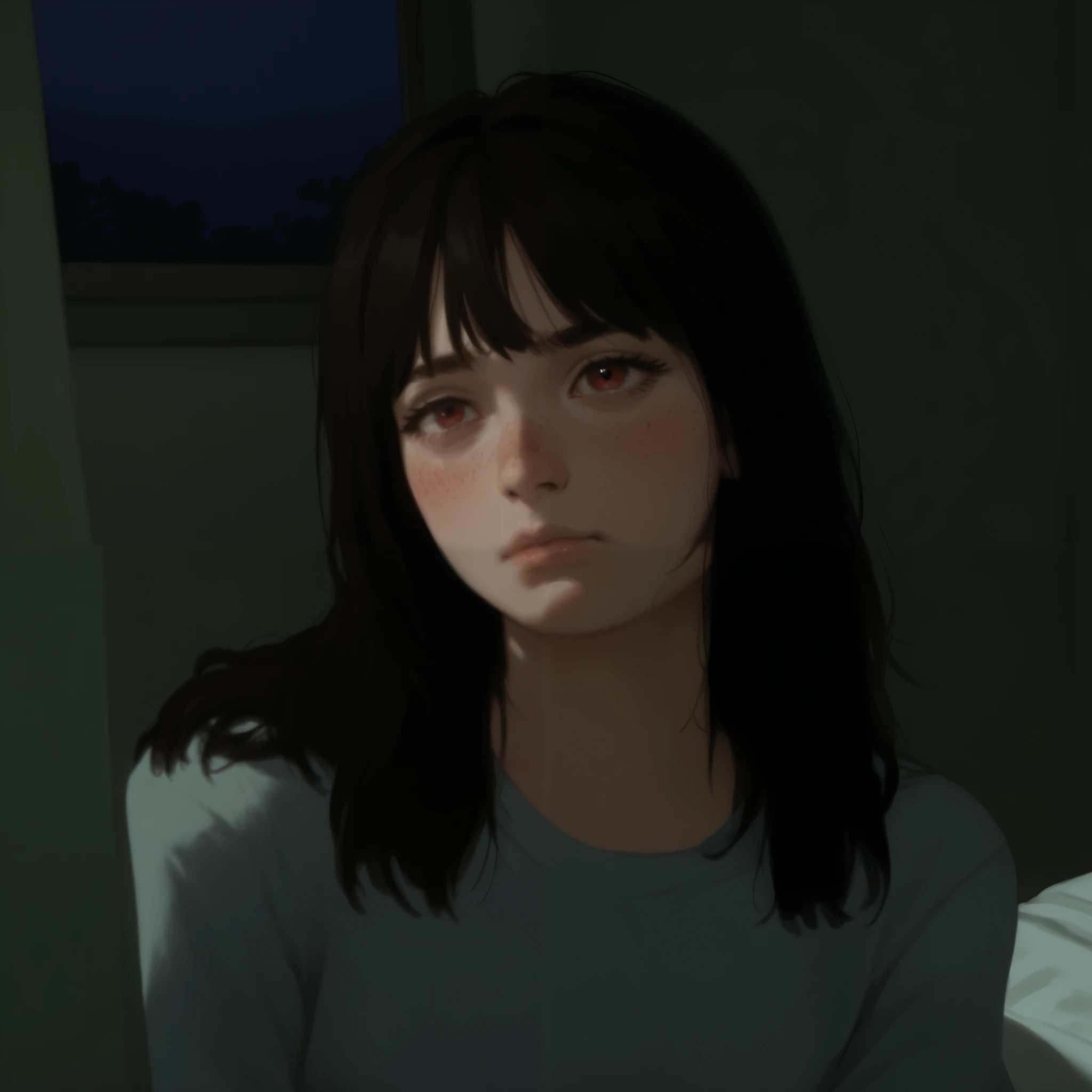 a close up of a person sitting in a bed, ellie (last of us), portrait of max caulfield, supermodel in silent hill, a close up of a doll, semirealistic , anime realism, she has black hair with bangs, rings asuka iwakura station game, only a few bangs of hai...