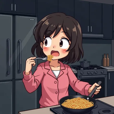 Drawing of cute woman dark hair in pink pajamas, standing in a modern black kitchen, surprised face, big eyes, side eye, eating Spaghetti alla carbonara from the frying pan, holding in hand, chewing, night, fridge, chibi style