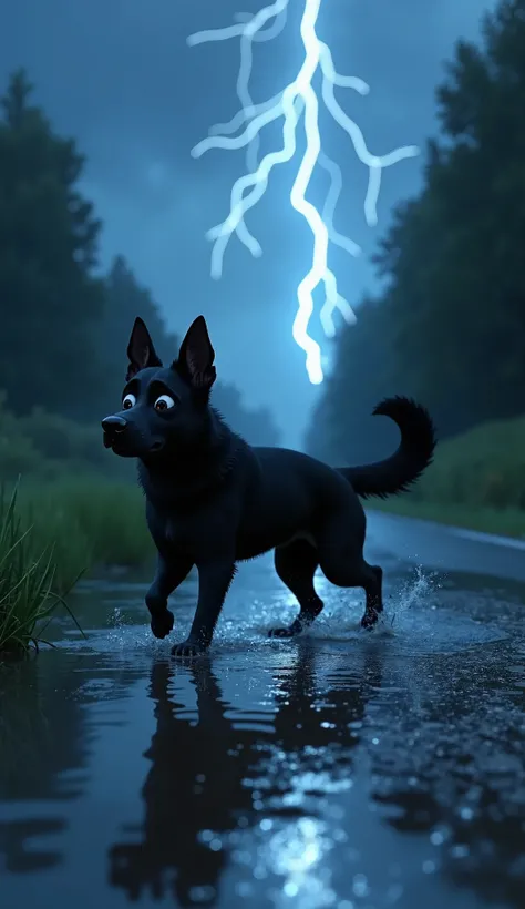 The little black Belgian Shepherd is walking along the flooded road as lightning flashes across the stormy sky. The dog looks scared and confused, and the water is rising around its paws. The environment is dark and chaotic." Pixar style