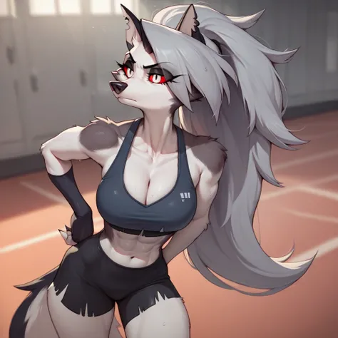 Loona \(Helluva Boss\), anthro, hellhound, solo, training, sports, sports suit, sports outfit, wearing sports clotches, biggest breasts, sexy female sports clothes, weat body, female focus, hair, ponytail hair style