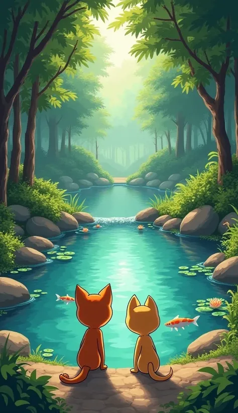 Scene 4: Pond Discovery
1. Timmy and Whiskers standing in front of a small, shimmering pond, surrounded by tall trees and lush greenery.
2. Fish swim lazily in the pond, and a few water lilies float on the surface.