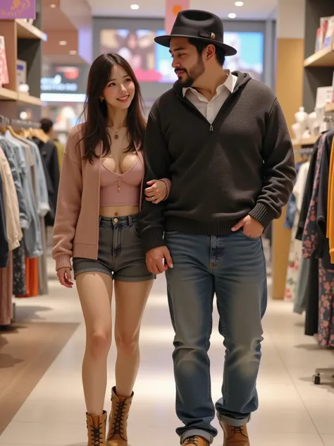 A beautiful hipster Japanese girl and a middle-aged fat man are on a date、Girls have elegant hairstyles、 Charming Smile 、Stylish sweaters、 stylish miniskirt 、 Stylish Boots 、 necklace、 bracelet、ring、 men are wearing sweaters, jeans, and hats、The two of the...