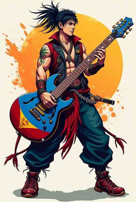 Create a band logo named Bagumbayani that looks like a whole body warrior with rockstar band anime outfit holding a guitar like weapon inspired by Philippine map shape and flag colors