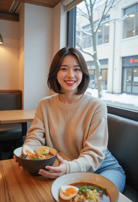 realistic photograph,portrait of japanese woman sitting in ramen restaurant,short bob hair,eyeliner,eyeshadows,blush,burgundy lips,beige sweater,jeans,holding ramen bowl on table,looking at viewer,laughing,Snow is falling outside the window.