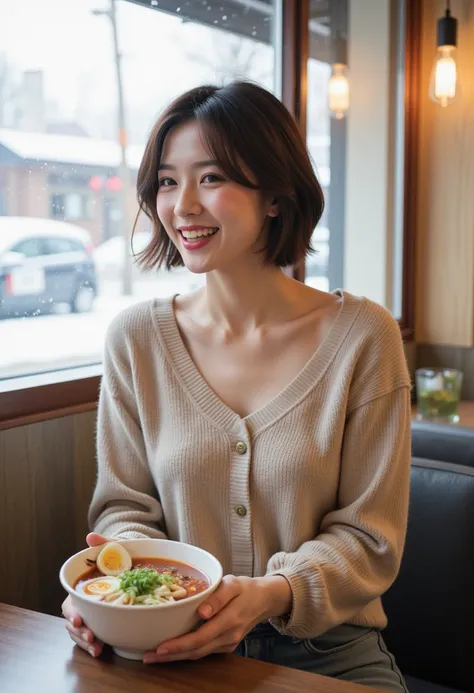 realistic photograph,portrait of japanese woman sitting in ramen restaurant,short bob hair,eyeliner,eyeshadows,blush,burgundy lips,beige sweater,jeans,holding ramen bowl on table,looking at viewer,laughing,Snow is falling outside the window.