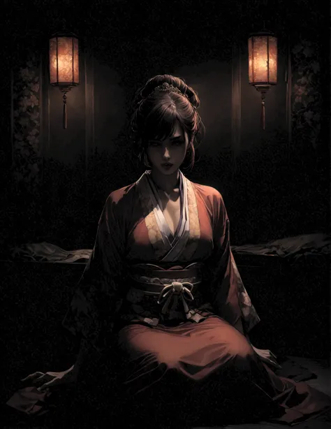 1600s gorgeous japanese woman with fangs wearing a red kimono with white japanese patterns on kimono sitting on the floor in the dark, blood in the background on the floor, slim figure, seductive face, Japanese courtesan aesthetic, nighttime gothic Japanes...