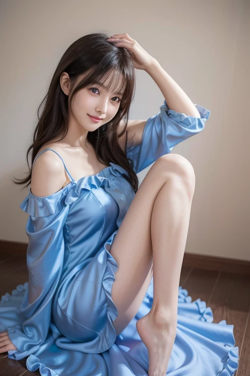 Japanese model in a blue ruffle dress is sitting on the floor、Bend your right leg and place your face on your right knee、 Blue silk dress,  looking at camera、Detailed and beautiful eyes、可愛いsmile、 soft and gentle expression 、かわいいsmile、smile