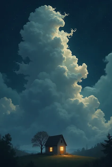 clouds look like naked woman, small house, night