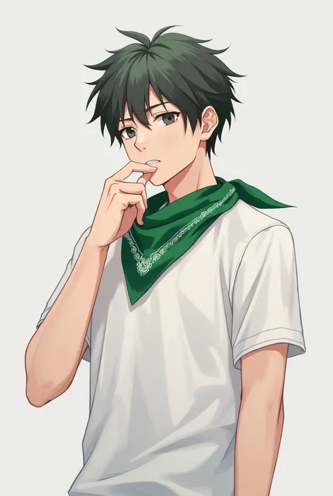 The man wore a t-shirt and a green bandana around his neck, touching his chest with his right hand and protruding his face slightly. Anime art style, half body, slightly side view angle, grey background.