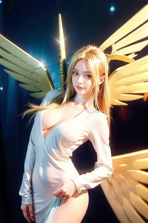 ophanimon,((Blonde Hair)), mint eyes, laugh,masterpiece, best quality, in detail,cute (big breasts), (split), whole body, gold Angel Wings, Best image quality、masterpiece、8k、Anime Face、A kind smile、 beautiful body 、Cowboy Shot,sexy、Very detailed、highest qu...