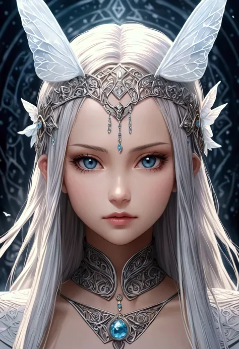 A fantasy fairy world, a woman, straight ahead, a beautiful face with fine features, fluffy white skin like snow, a hair ornament carved with runes, detailed features, detailed drawings, a scene from a movie. portrait like