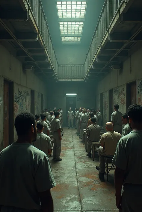 Draw me the inside of a prison and draw the prisoners there