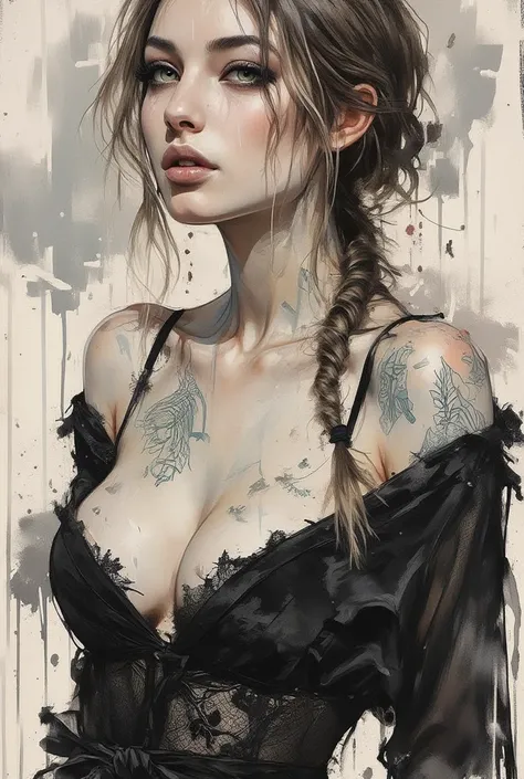 fusion of watercolors and oil paintings, mix of monochrome and color, black ink. Closeup portrait of a beautiful sexy woman ( nsfw ) with an elegant pose, long blonde pony tail, athletic tattoed body, big breasts, wears a thin and transparent black lace ro...