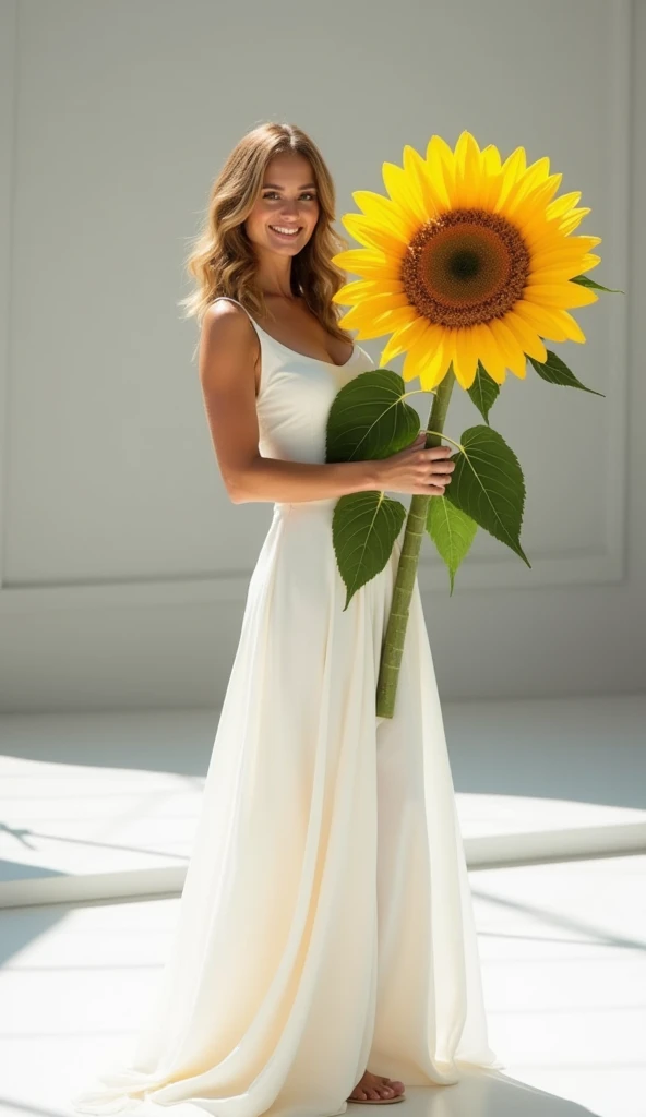 "A radiant model standing gracefully on a brightly lit stage, holding an oversized, realistic sunflower as if it were a bouquet. The model wears a sleek, elegant white gown with a flowing silhouette that emphasizes sophistication and poise. Her hair is sty...