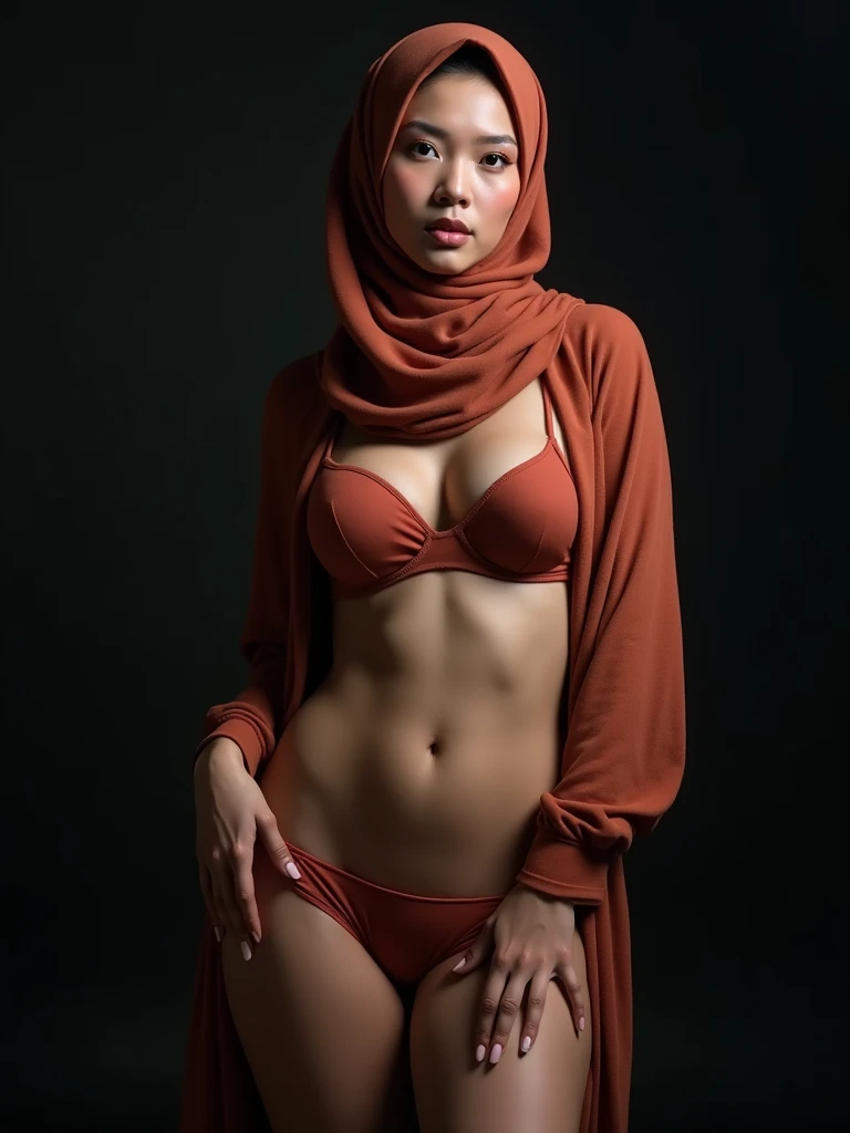 a very beautiful and charming malay woman has a very sexy body shape, beautiful colored hijab, has big breasts, sexy underwear, dark night background, ((Ins photo ultra-realistic Enhancer 8K ultra high HDR UHD PHOTOGRAPHER)) ( (skin texture details))