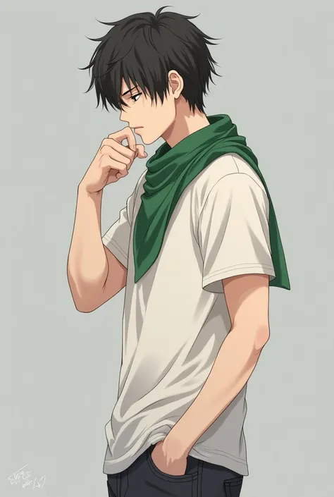 The man wore a t-shirt and a green bandana around his neck, placing his right hand on his chest and protruding his face slightly. Anime art style, half body, side view angle, grey background.