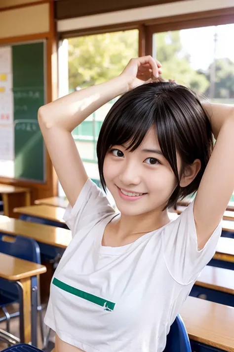 A Japanese high school student with small breasts and short black hair、Make small cleavages with your arms、Sit with your legs open in the classroom at school、 smiling shyly