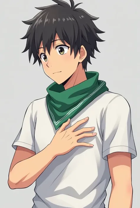 The man wore a t-shirt and a green bandana around his neck, placing his right hand on his chest right at heart and protruding his face slightly. Anime art style, half body, side view angle, grey background.